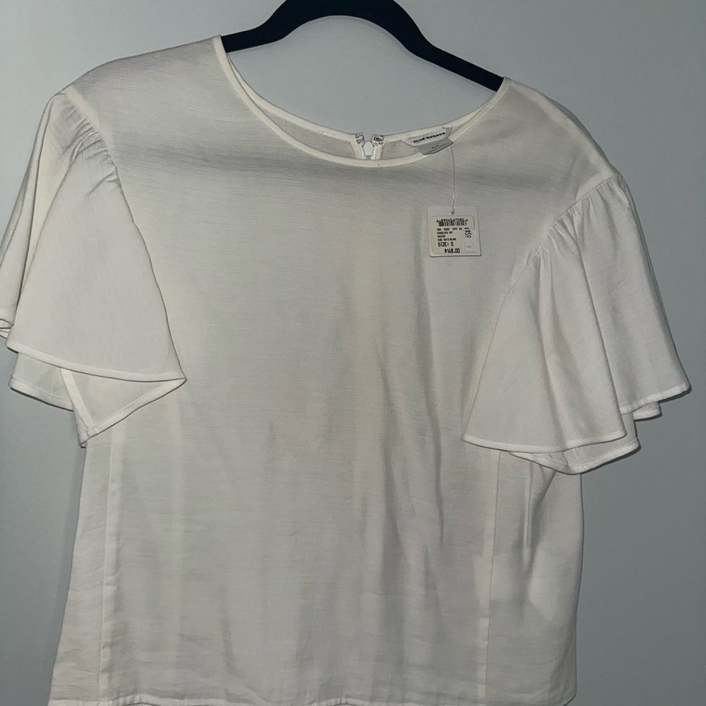 Club Monaco Cream Ruffled Blouse with Round Neckline